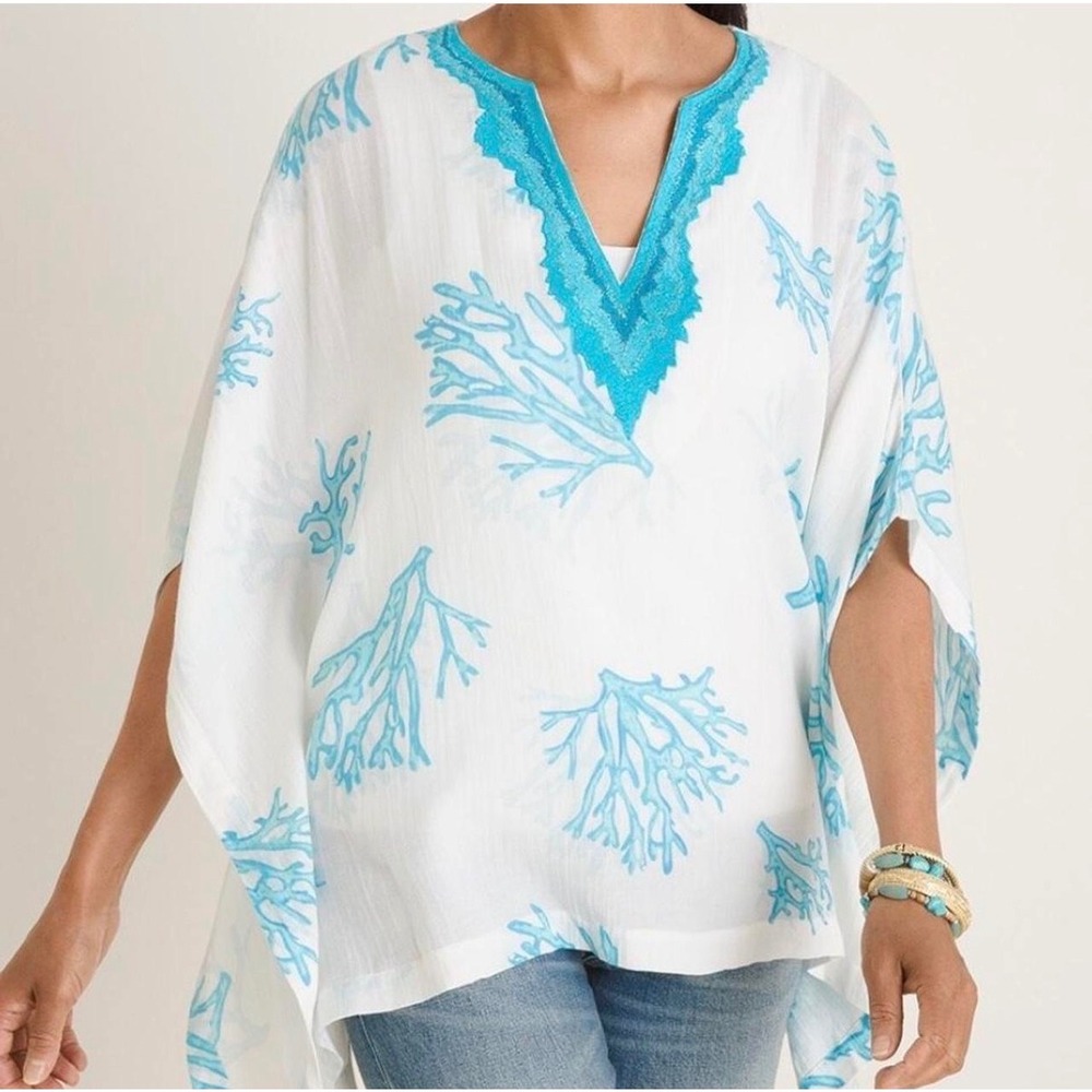 Chicos Coral Print Kaftan Top Blue White Embroidered V-Neck L/XL Cotton Rayon